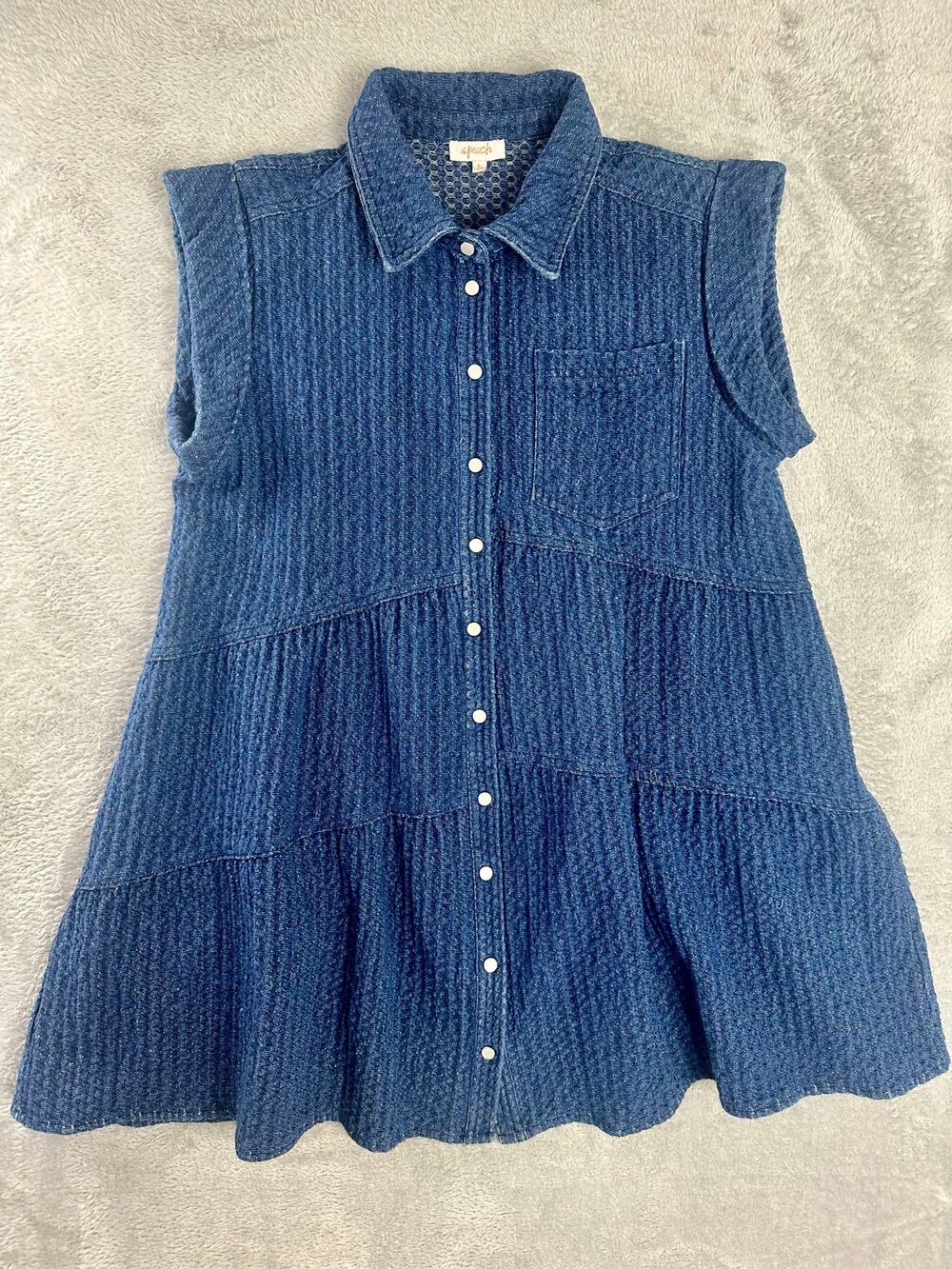 A. Peach Blue Denim Cotton Mini Dress Pearl Snap A-Line Western Boxy Fit - Large